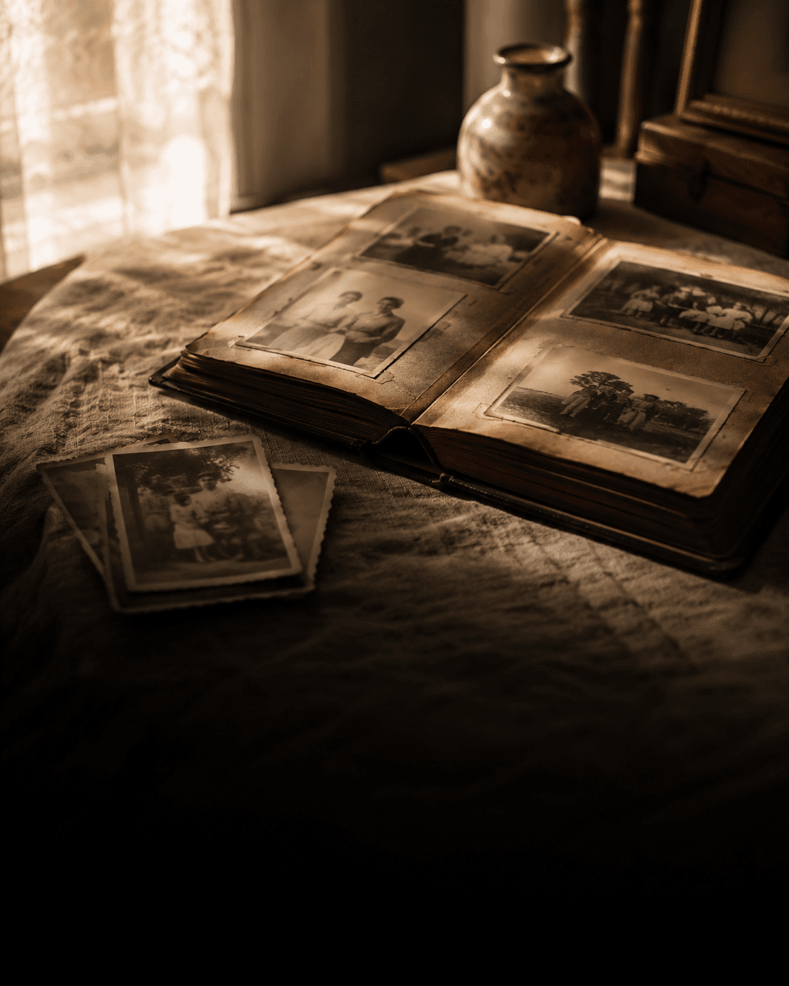 An open family photo album resting on a warm table in soft window light